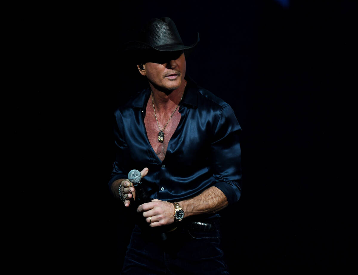 Tim McGraw is shown in his opener at the Colosseum at Caesars Palace on Thursday, Dec. 4, 2025. ...