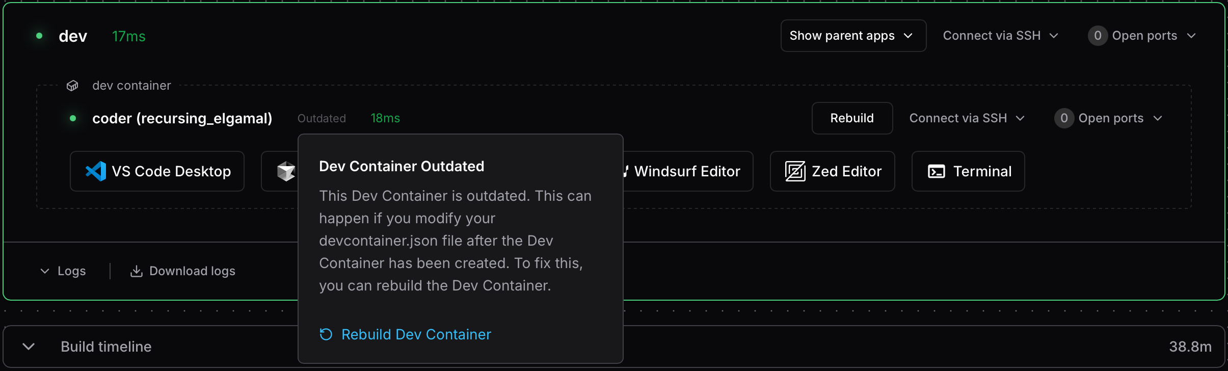 Dev container showing Outdated status with rebuild option