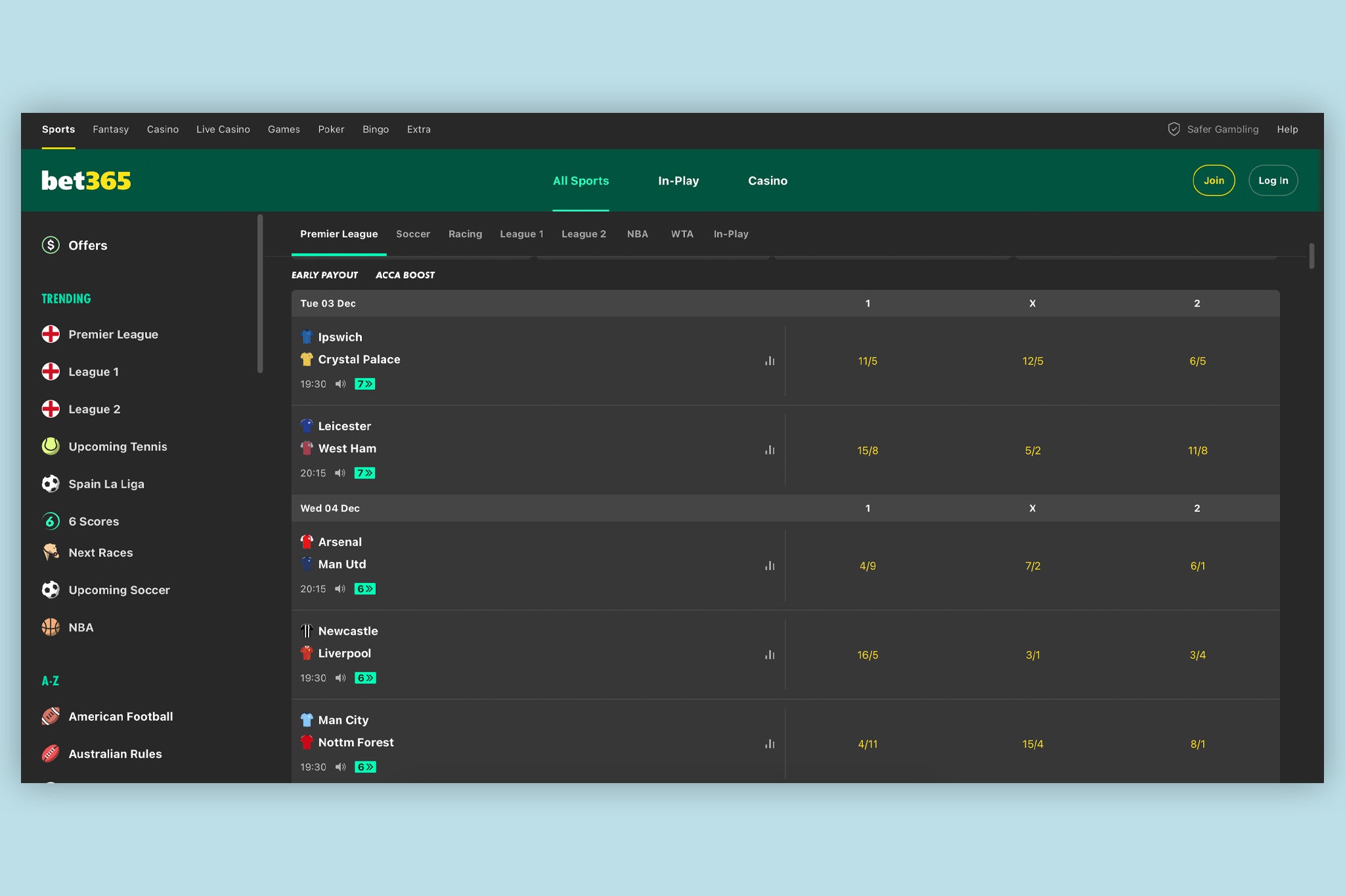 Bet365 offer its moneyback special on the Premier League game of the week and others