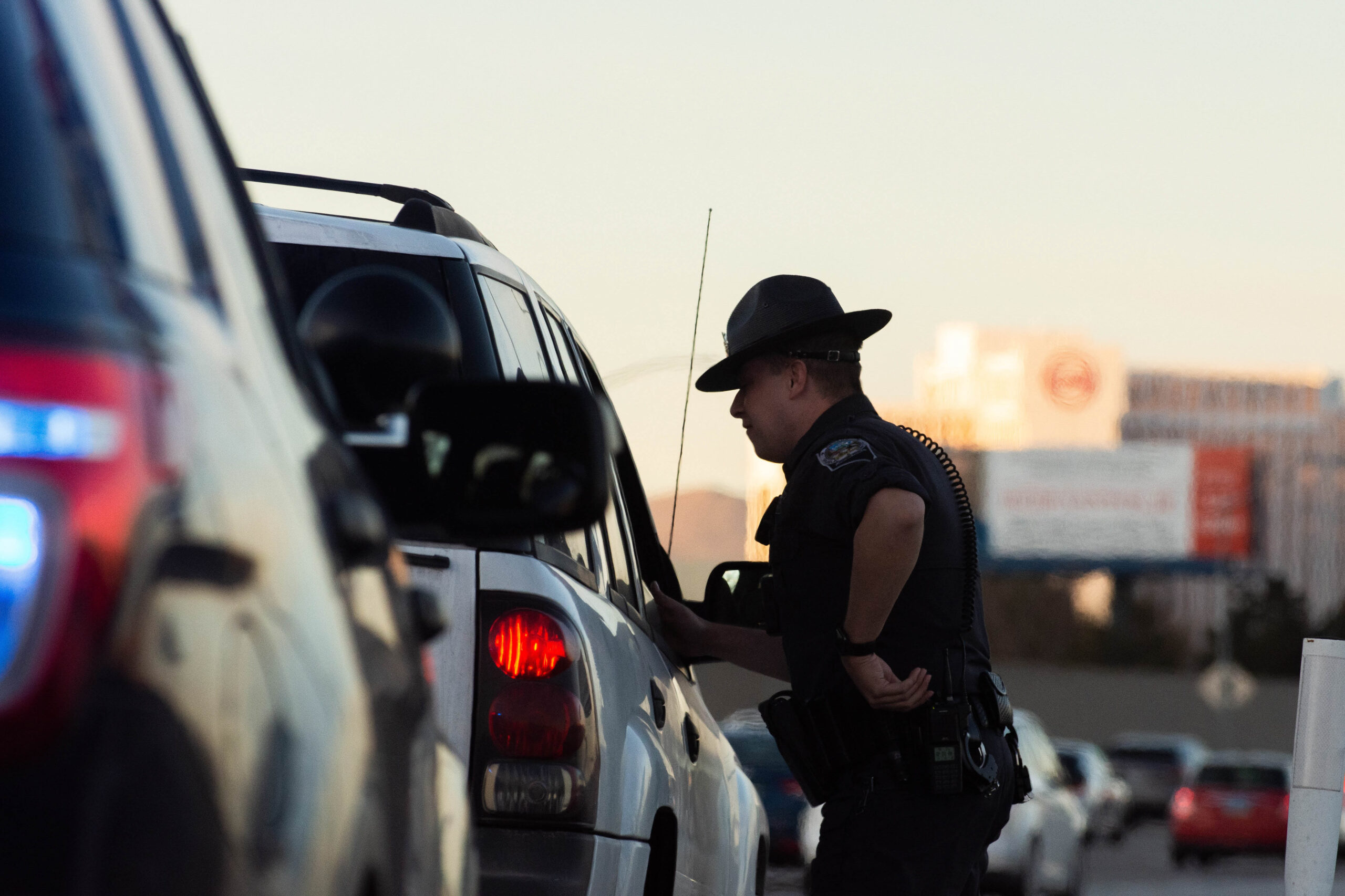 Nevada Highway Patrol Trooper Brian Eby during a traffic stop on Feb. 14, 2020.