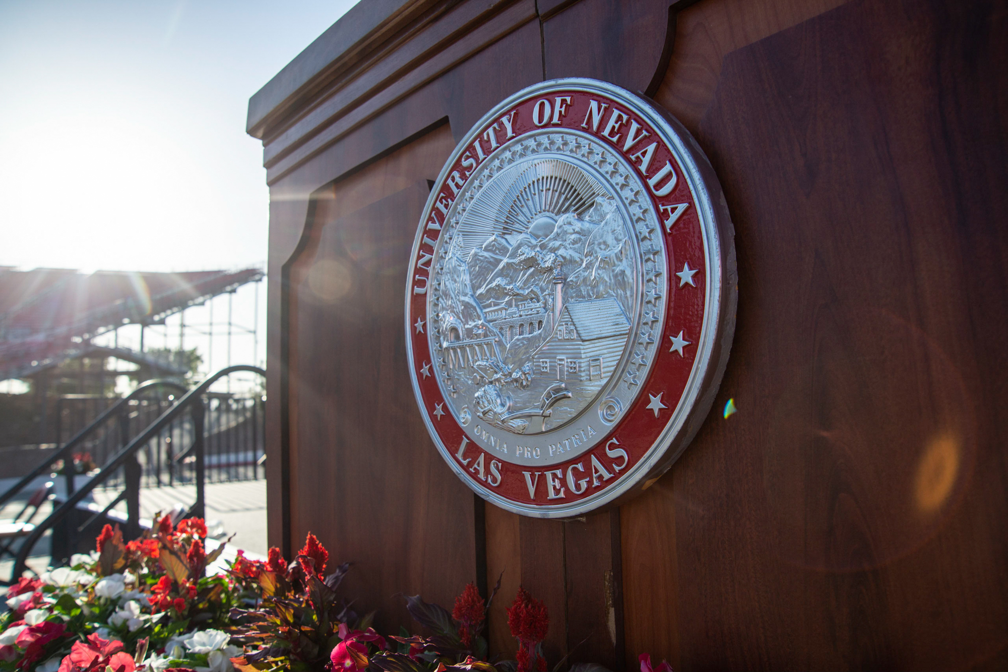 The main podium as seen during a makeup graduation ceremony for the UNLV graduating class of 2020 at Sam Boyd Stadium in Las Vegas on May 14, 2021.