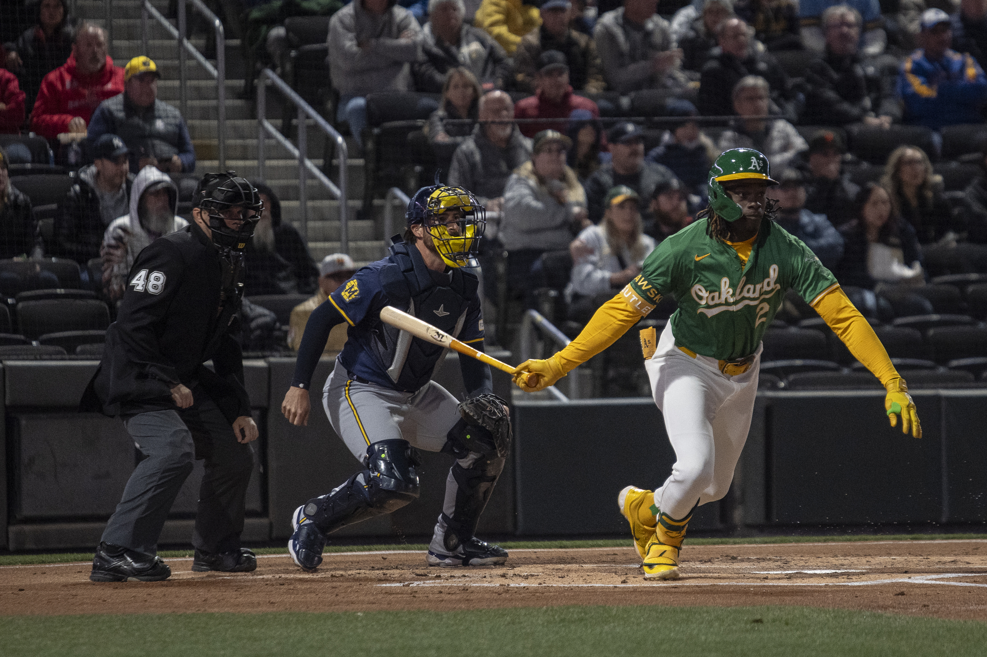 Athletics outfielder Lawrence Butler, who spent time in 2024 with the Las Vegas Aviators, heads toward first base after a first inning hit during a spring training game against the Milwaukee Brewers at Las Vegas Ballpark on March 8, 2024. (Daniel Clark/The Nevada Independent)