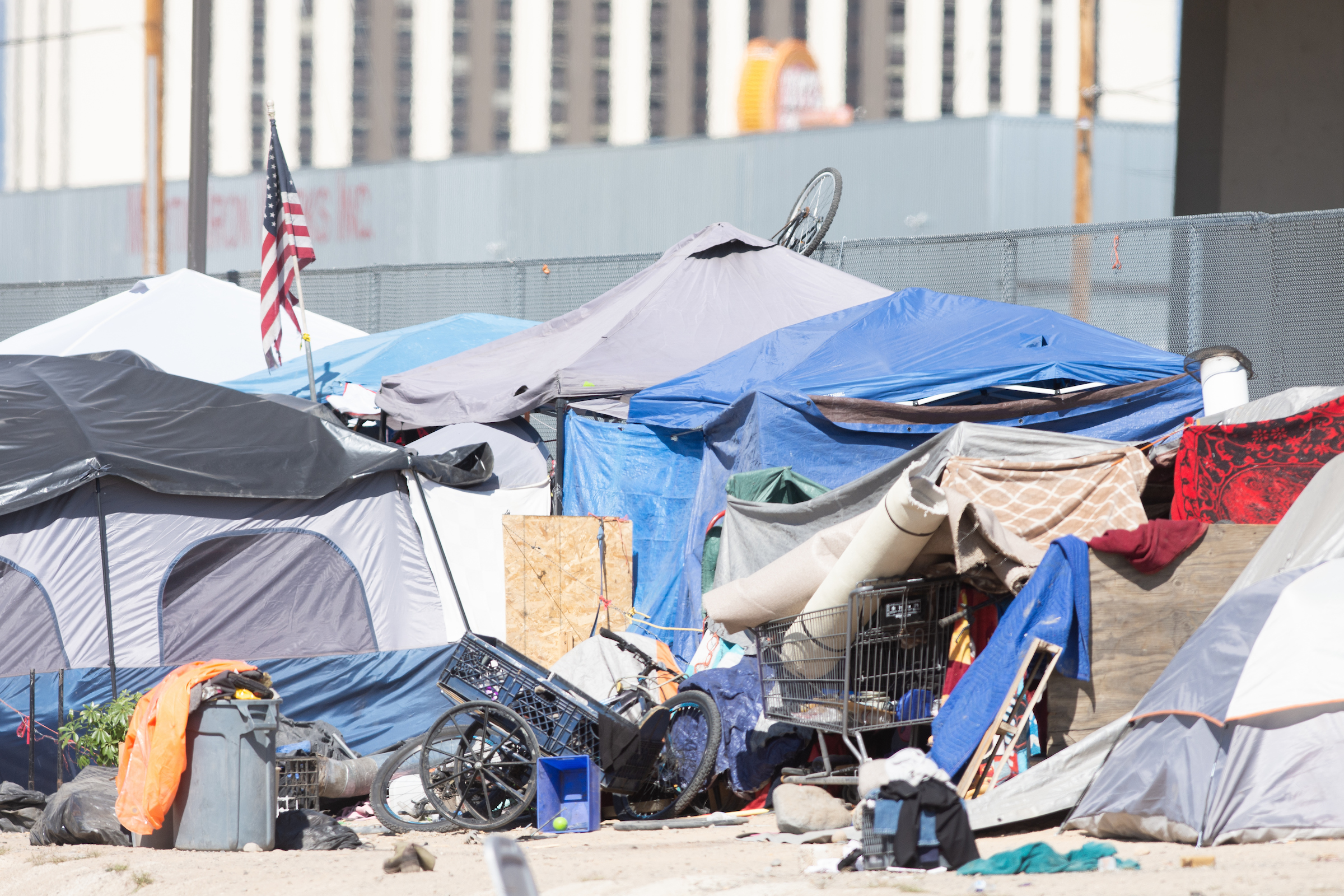 A homeless encampment near downtown Reno, Nev.