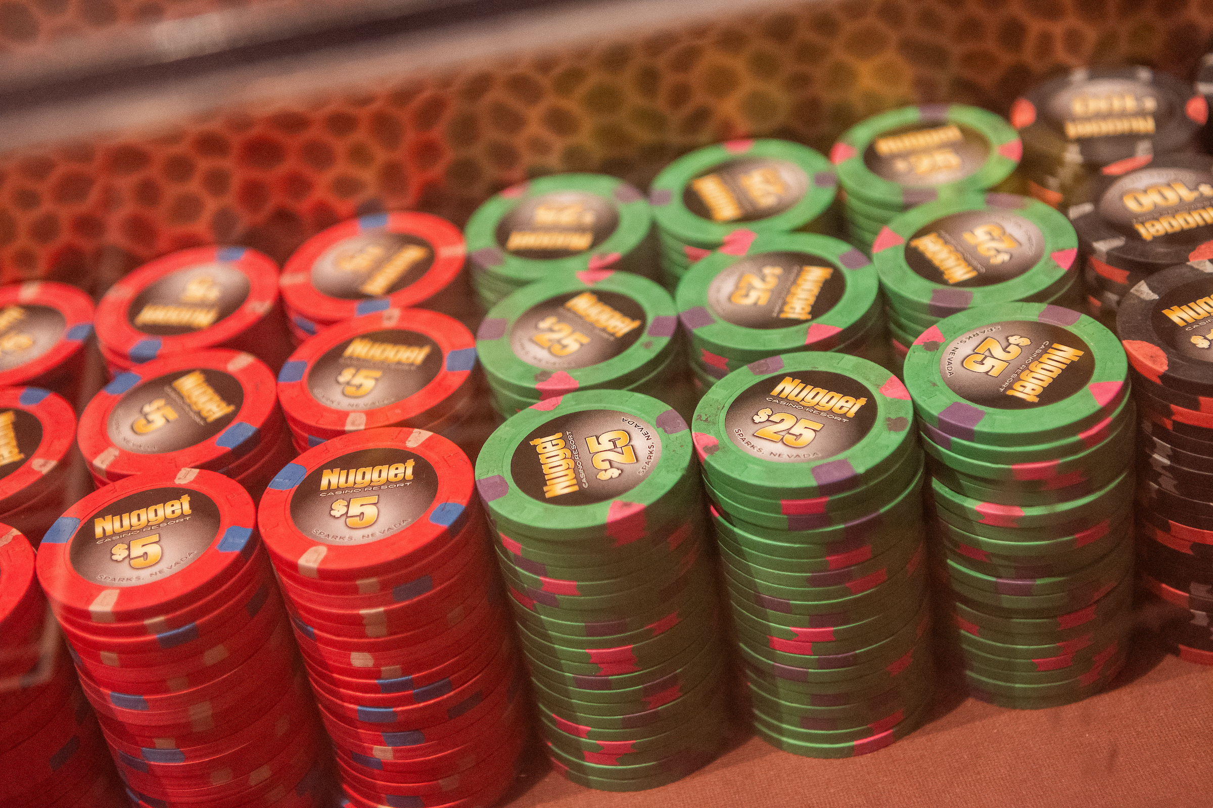 Casino chips are stacked on a table game at the Nugget Casino Resort in Sparks.