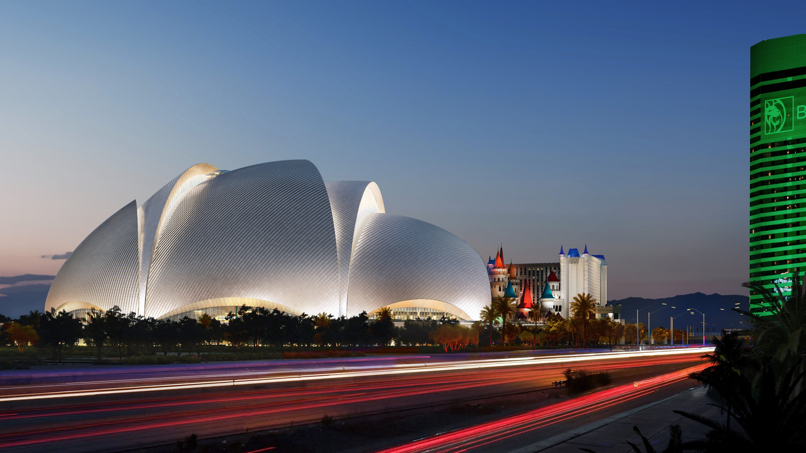 A new exterior rendering of the Athletics $1.75 billion, 33,000-capacity stadium for the Strip. The view is from Tropicana Boulevard.