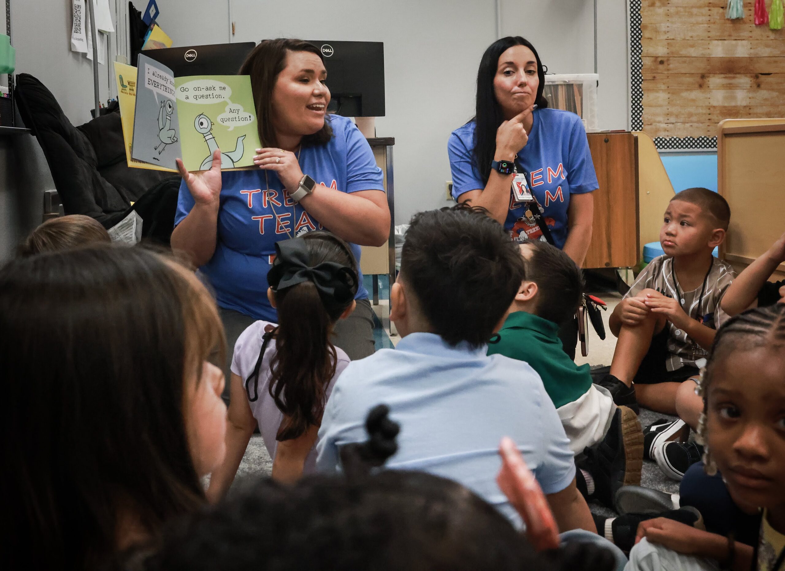 Clark County School District pre-k teacher Katie Bravo, left, and special education instructional facilitator Jennifer Gregory during the first day of school on Aug. 11, 2025.