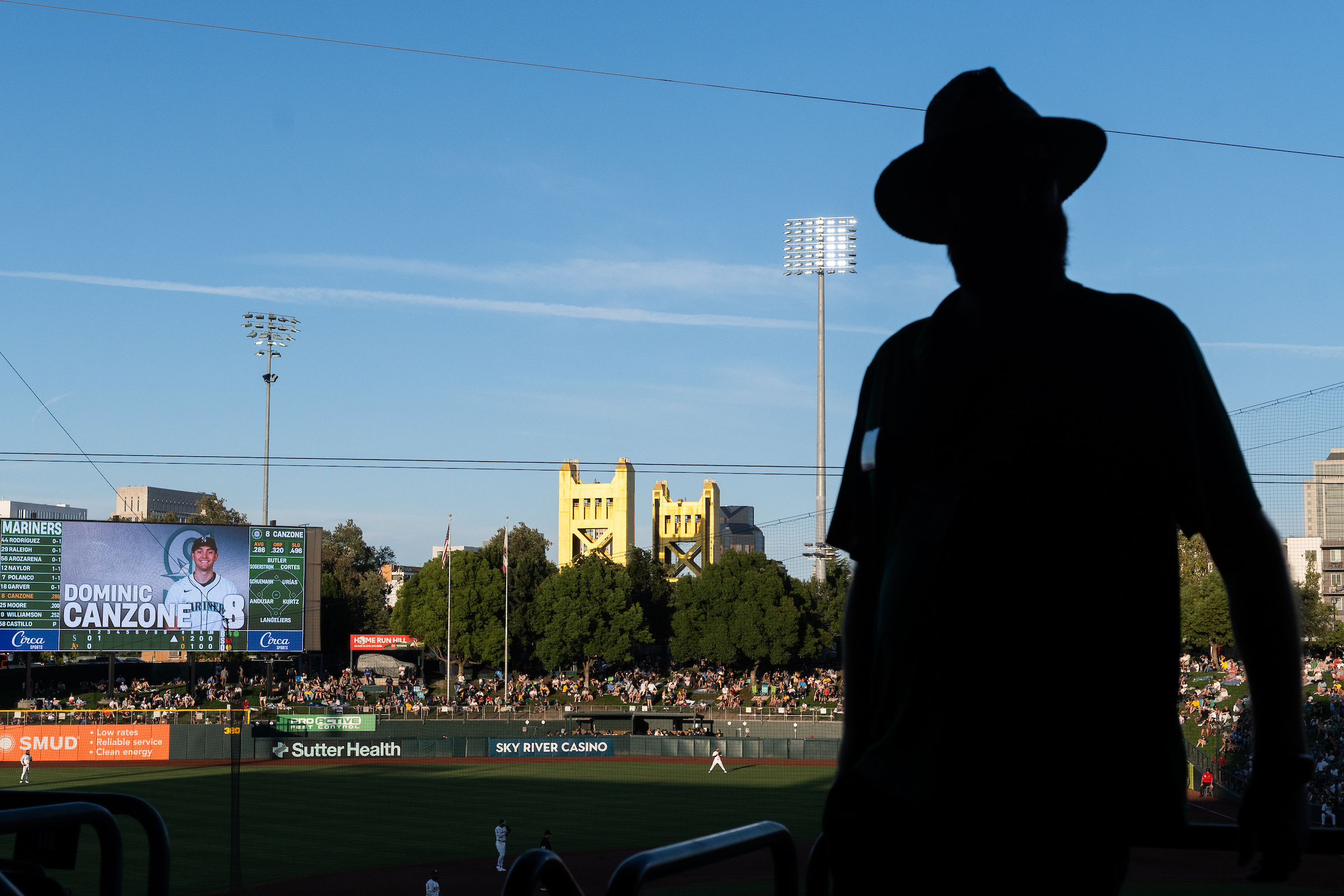 Sacramento's Tower is seen behind right field at Sutter Health Park before the start of a game between the Athletics and Seattle Mariners.