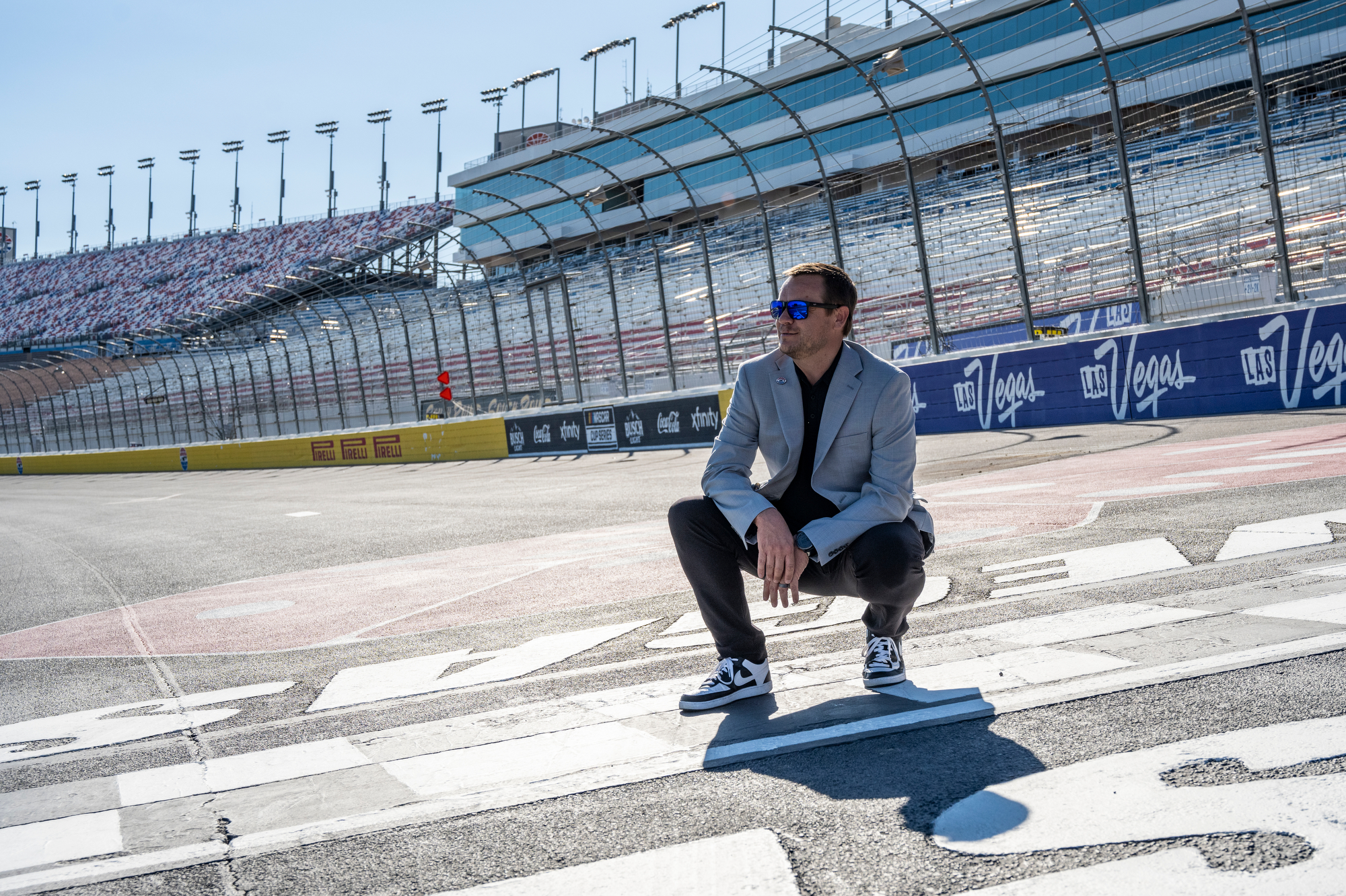 Las Vegas Motor Speedway General Manager Patrick Lindsey poses for a photograph at the track's start-finish line on Sept. 24, 2025.