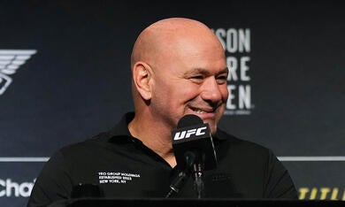 UFC President and CEO Dana White is seen on stage during the UFC 322 Press Conference at The Theater at Madison Square Garden on November 13, 2025 in New York City. (Photo by Jeff Bottari/Zuffa LLC)