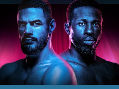 UFC welterweights Gabriel Bonfim and Randy Brown standing side-by-side on a pink background