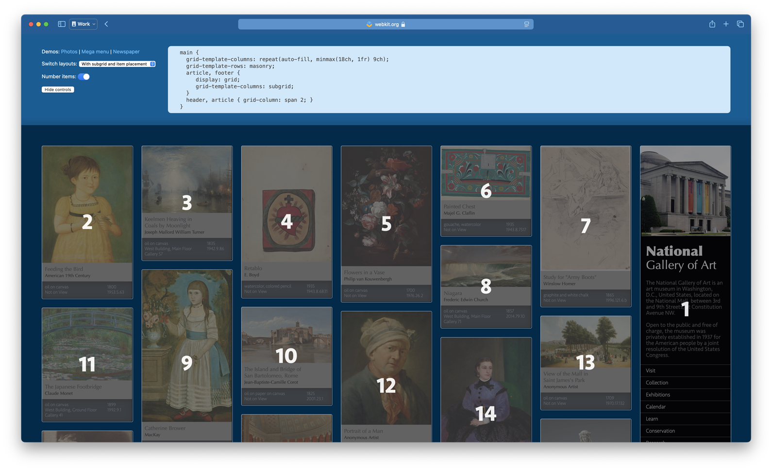 Demo of simply masonry-style layout, with numbers showing the order of items in the layout. Also, a header on the page shows the code used to make this layout, along with controls to try other variations.