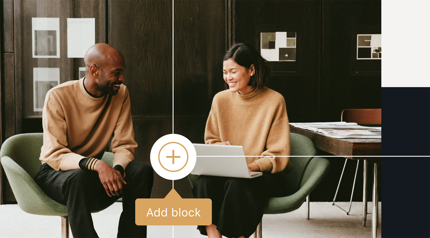 Two colleagues collaborating in a modern office space with dark wood walls. A smiling Black man and a smiling Asian woman wearing neutral-toned sweaters sit on green chairs, looking at a laptop. The image features graphic overlay elements, including a centered 'Add block' icon.