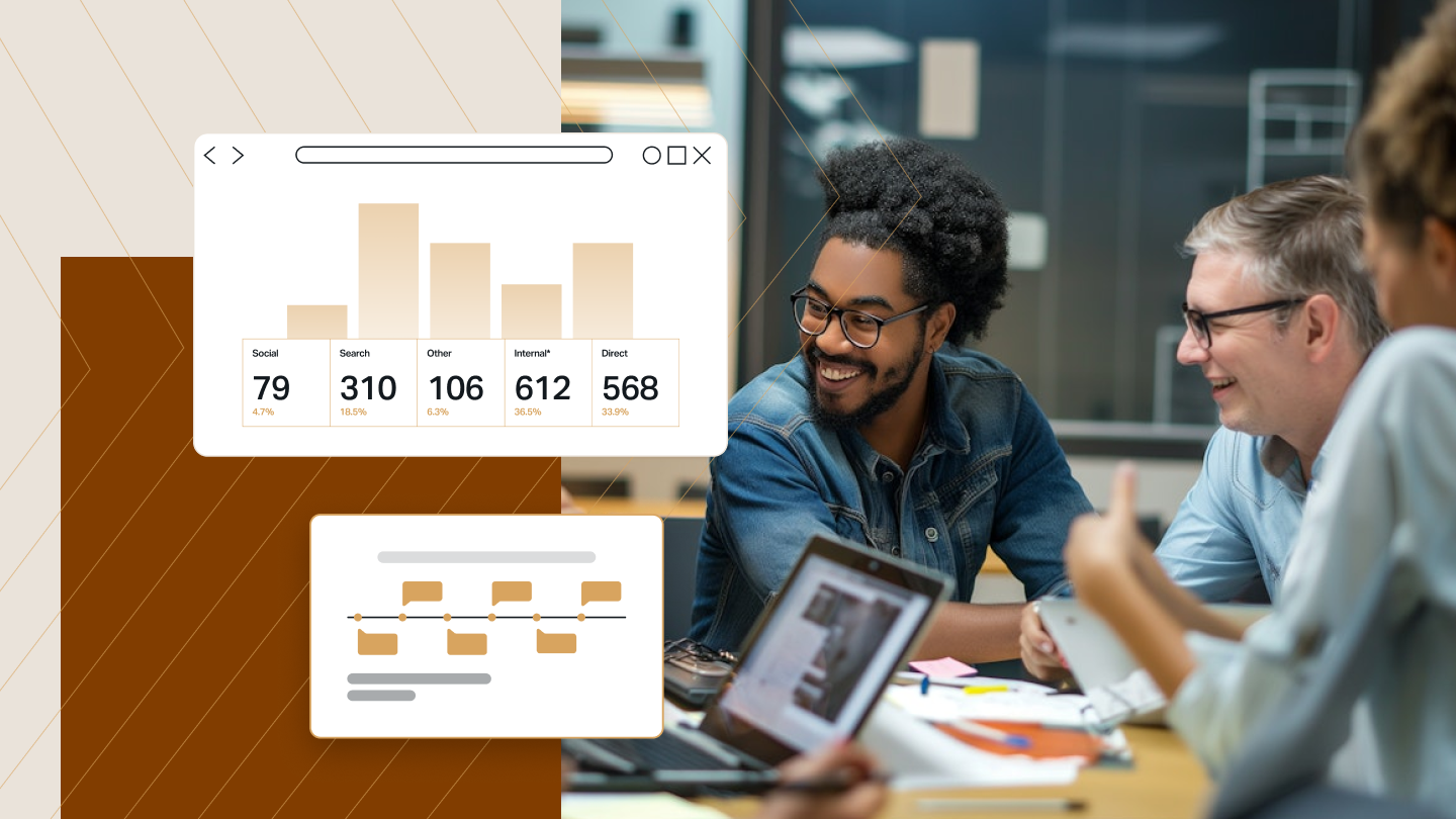 Team collaborating at a table with laptops, overlaid with analytics graphics showing traffic sources and flow diagrams.