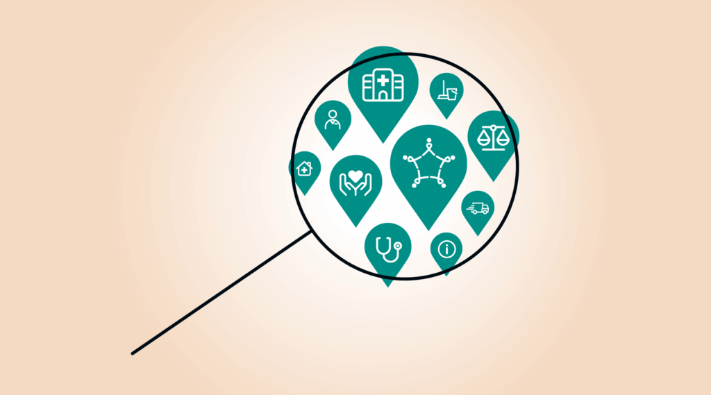 Location icons for caregiving, cleaning, hospitals, doctors and more are within a magnifying glass’ circular frame.