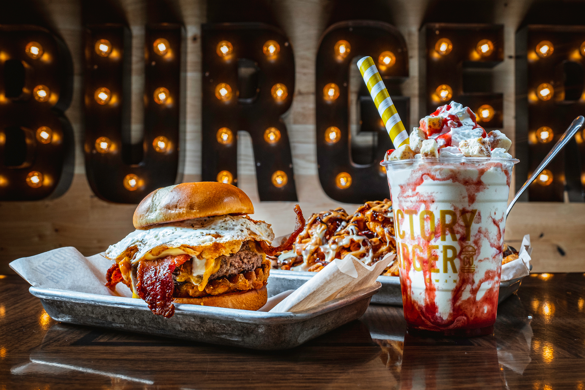 hangover shake burger and fries at victory burger at circa