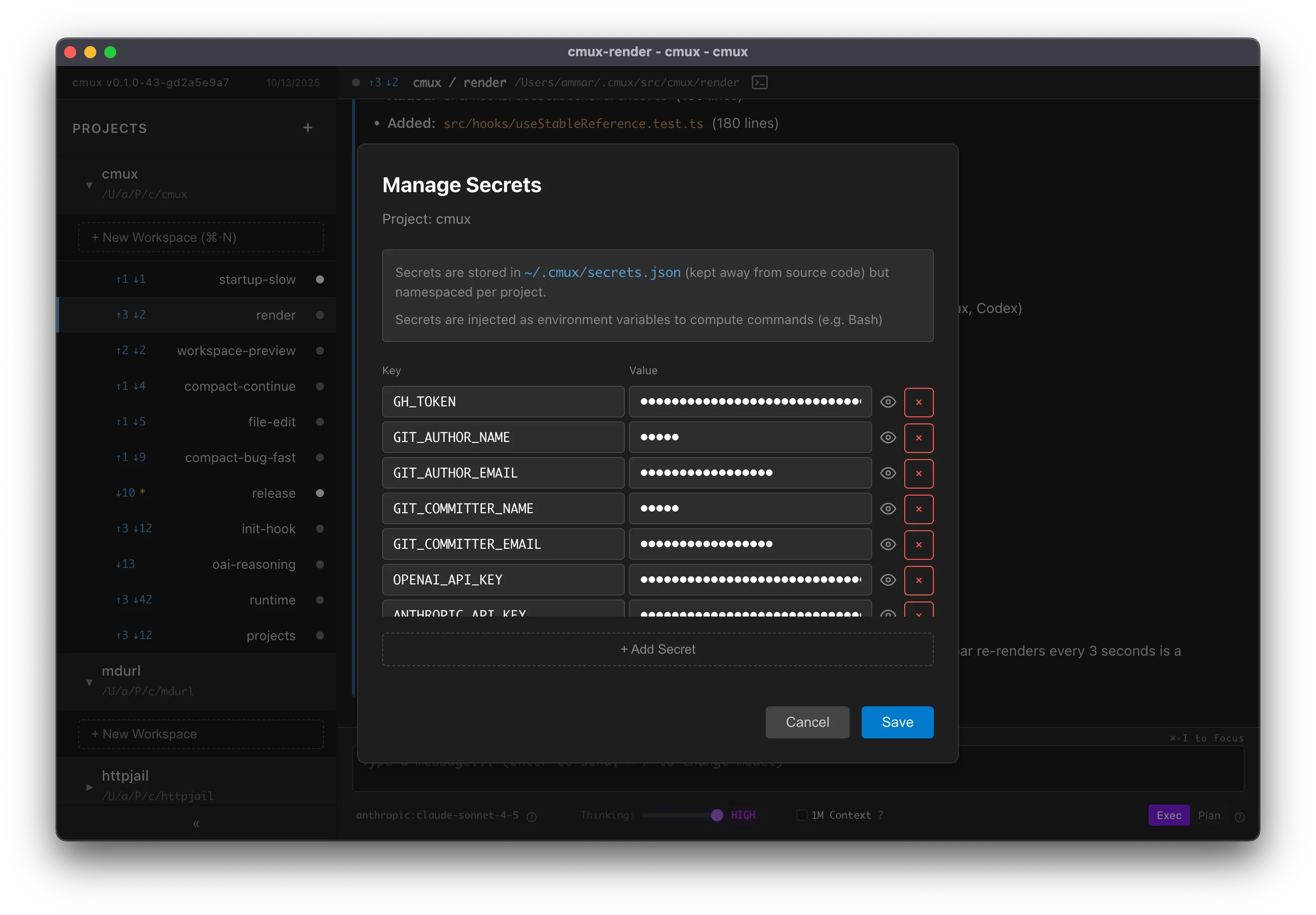 Screenshot of project secrets