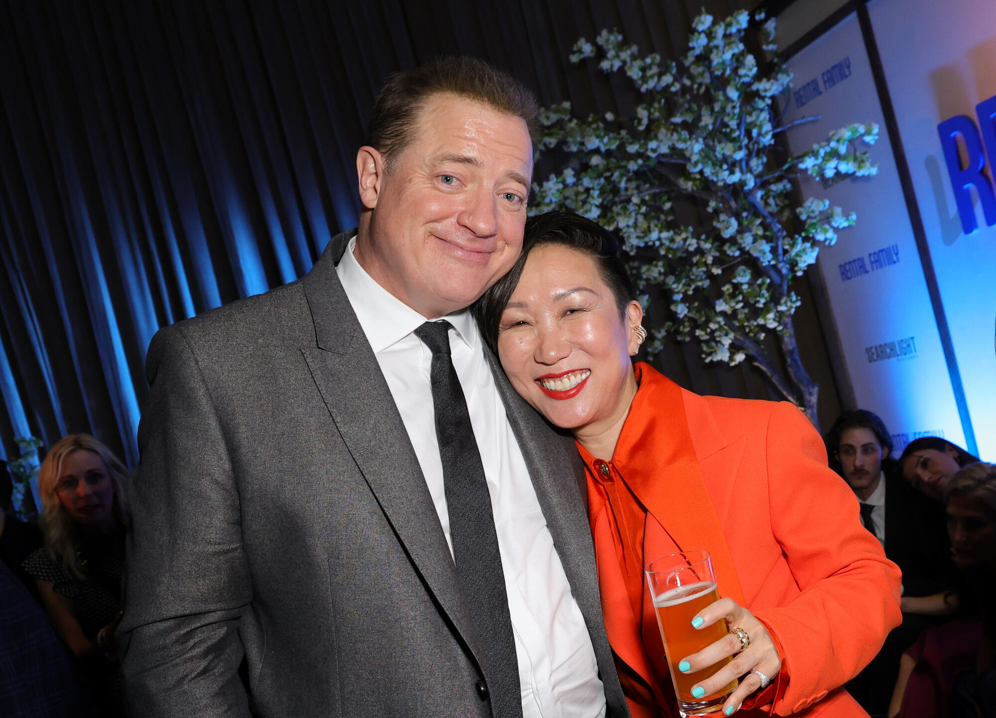 Brendan Fraser and Hikari at the "Rental Family" Los Angeles premiere after party held at the DGA Theater on November 12, 2025 in Los Angeles, California.