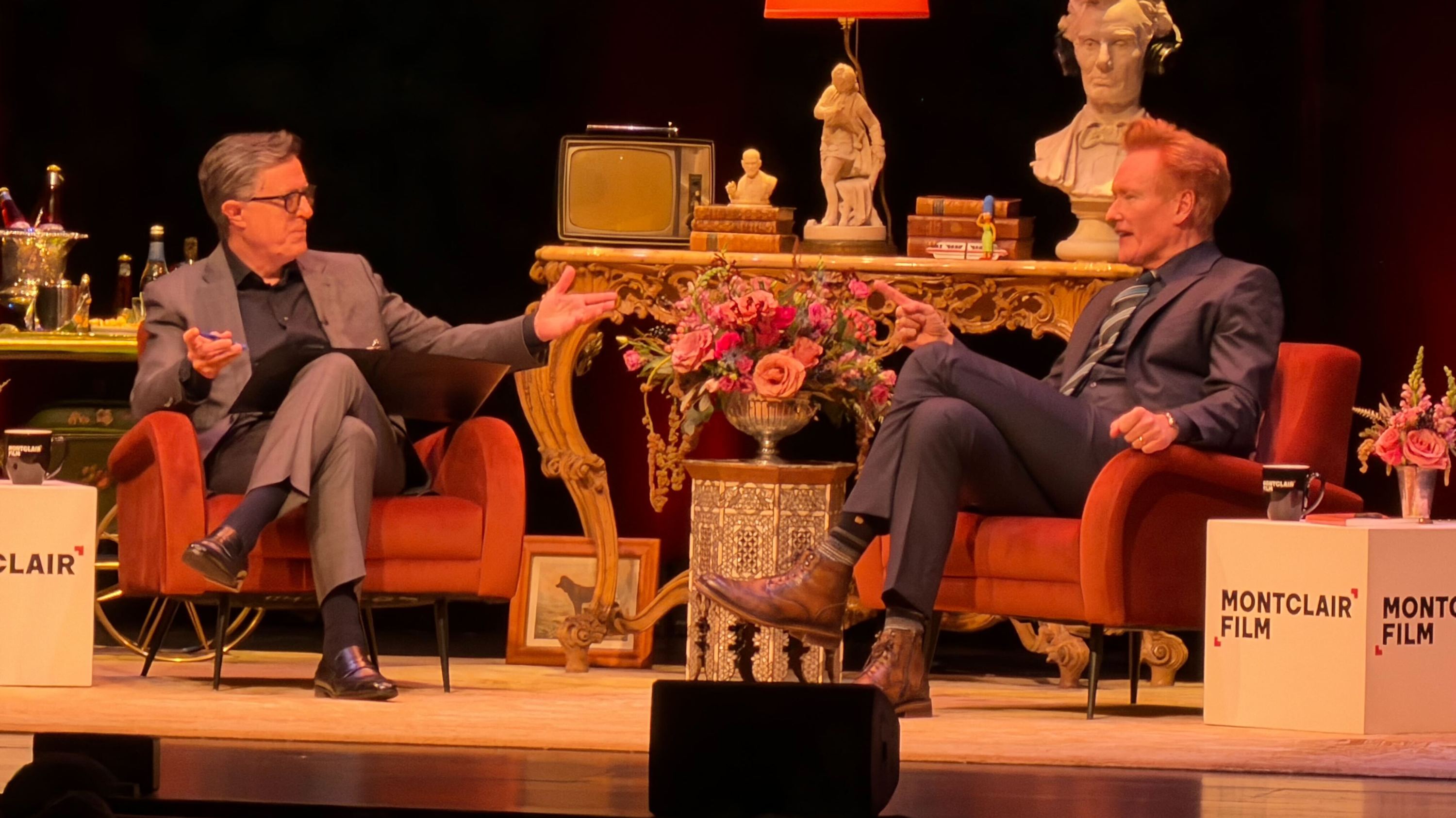 Stephen Colbert interviewing Conan O'Brien in New Jersey