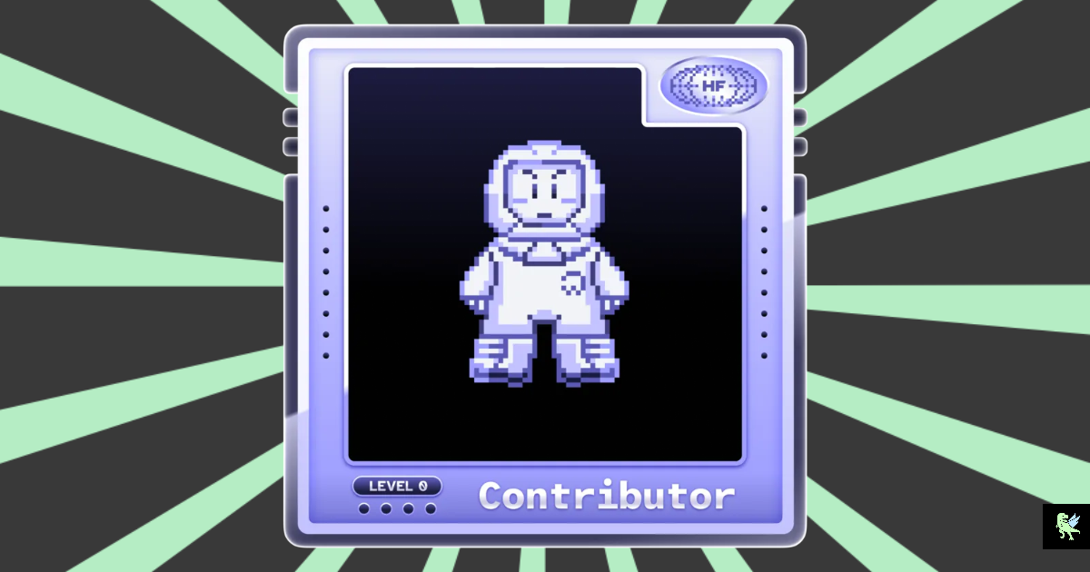 Pixelated space man on a black background with a lavender decorative border and text at bottom LEVEL 0 Contributor and light green bursts behind it