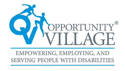 Opportunity Village logo ees Opportunity Village logo with text 'empowering, employing and serving people with disabilities'.