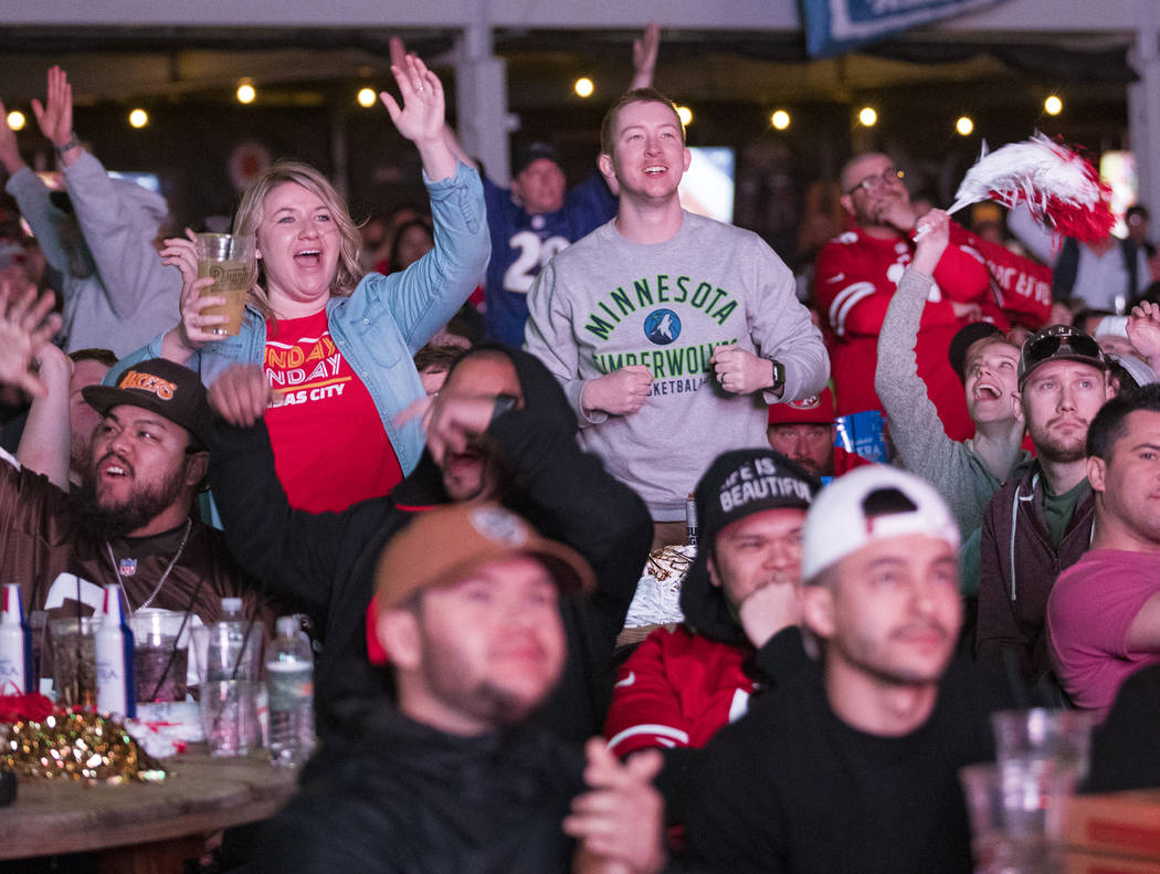 The crowd responds to the Kansas City Chiefs winning Super Bowl LIV at a watch party at the Dow ...
