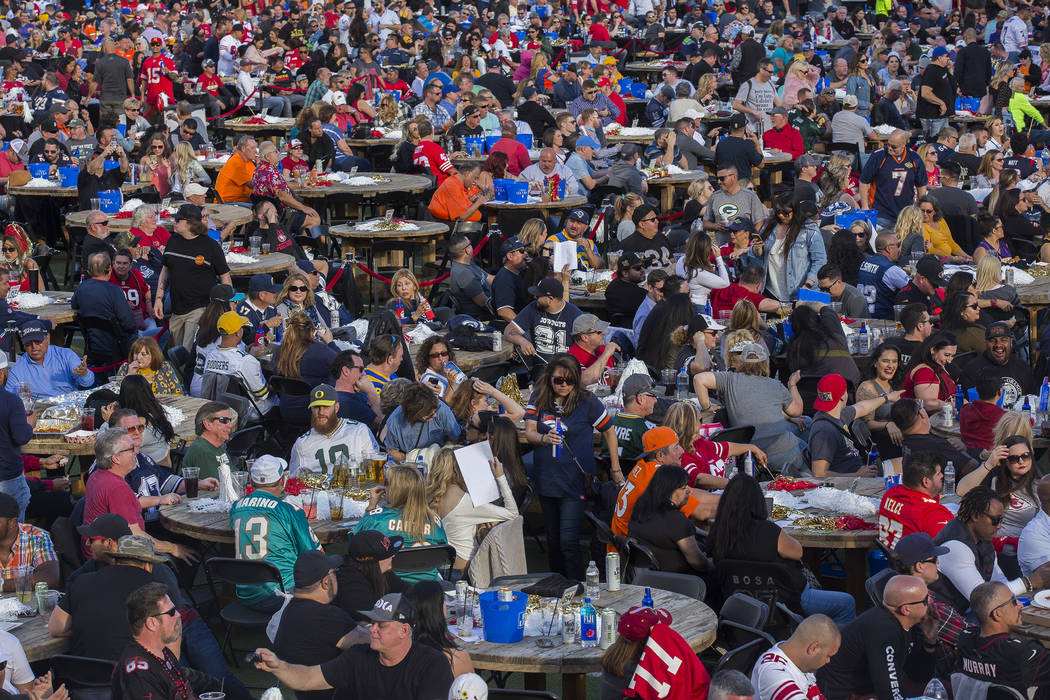 The crowd at a watch party for the Super Bowl LIV at the Downtown Las Vegas Events Center in La ...