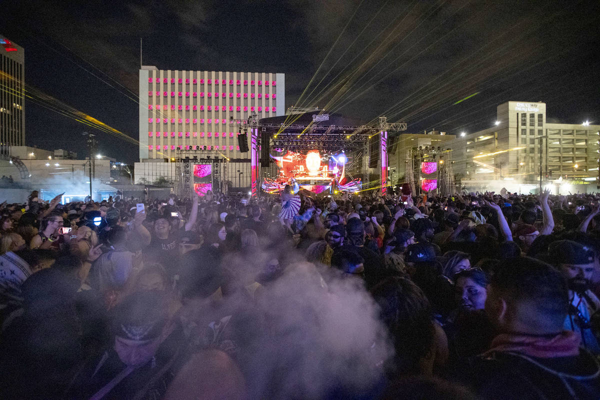 Excision performs at the Downtown Las Vegas Events Center in Las Vegas, Saturday, July 3, 2021. ...