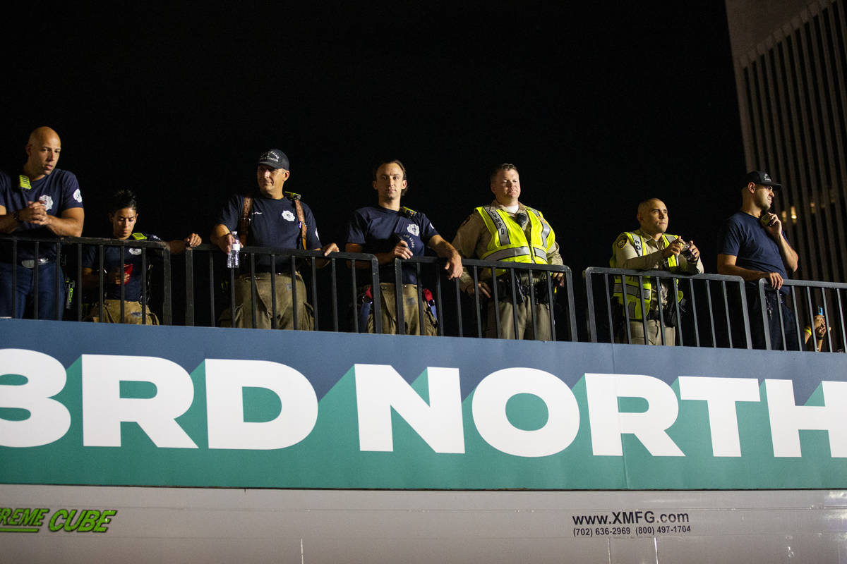 First responders keep watch during a concert at the Downtown Las Vegas Events Center in Las Veg ...