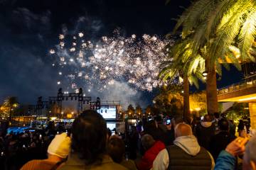 People watch as fireworks go off during the grand opening celebration for the M Resort's n ...