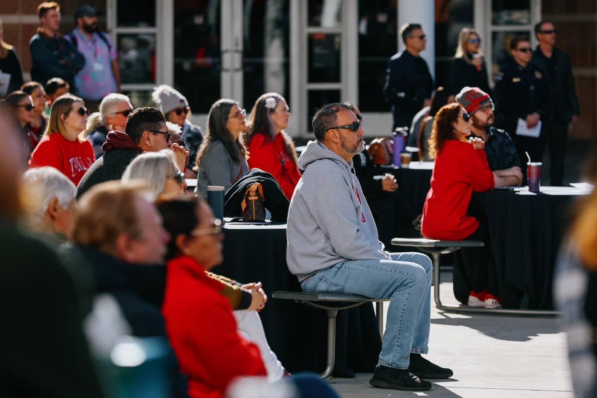 UNLV community members listen to speakers during a memorial event commemorating the 2023 UNLV s ...