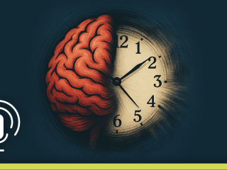 Close-up of a graphic that shows half a brain and a clock.