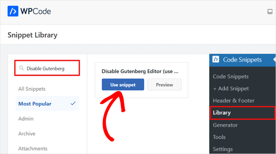 Cerca lo snippet Disabilita Gutenberg nella libreria WPCode