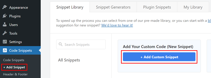 Lägga till ett nytt anpassat kodavsnitt i WPCode Lägga till ett nytt anpassat kodavsnitt i WPCode